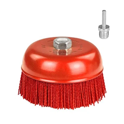 Cepillo de copa con cerdas de nailon y filamento abrasivo SALI de 6" - Cepillo para lijado grueso y raspado, rosca 11 de 5/8", eje de taladro de 1/4" - Preparación y pulido de superficies de muebles de metal, eliminación de pintura oxidada - Preparación de superficies